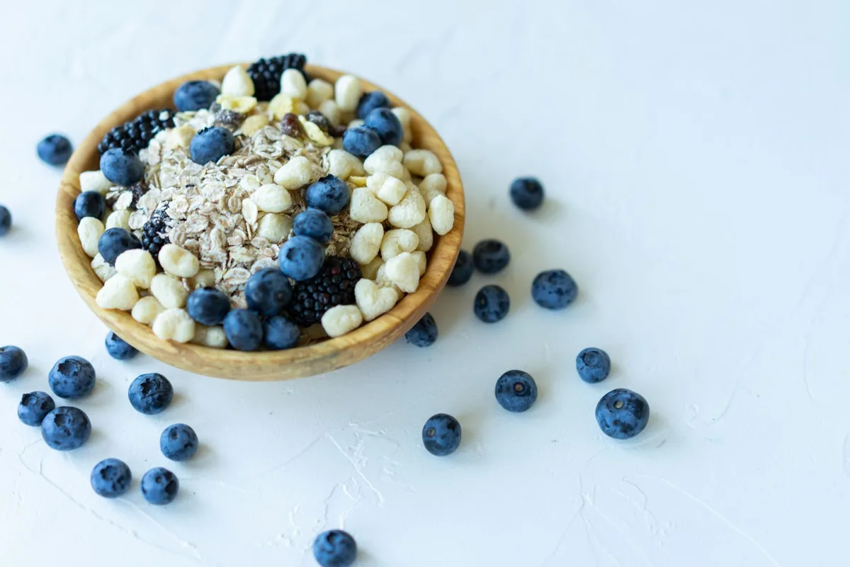 A bowl of porridge topped with blueberries